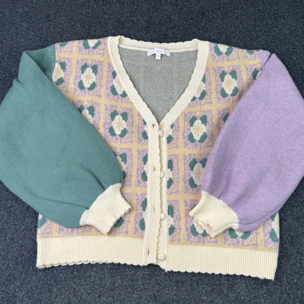 Karlie Women L Floral Cardigan Sweater Pastel Colorblock Cottagecore Grandmacore